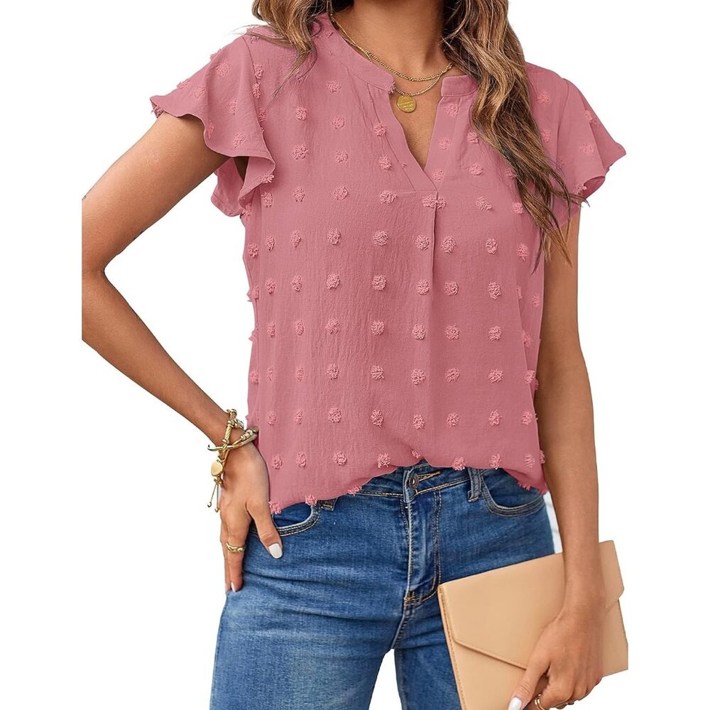 MEROKEETY Women 2024 Summer V Neck Ruffle Short Sleeve Blouse Swiss Dot Flowy
